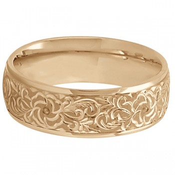 Hand-Engraved Flower Wedding Ring Wide Band 14k Rose Gold (7mm) - Size 7.25