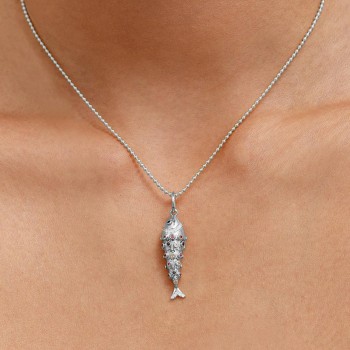 Diamond Fish Charm Pendant Necklace 14K White Gold (0.38ct)