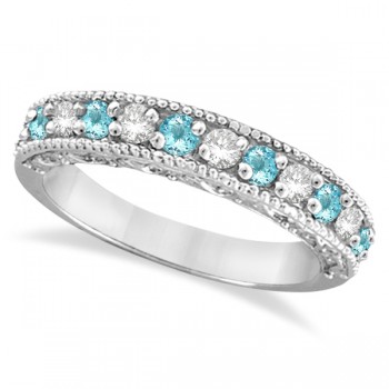 Aquamarine & Diamond Ring Anniversary Band 14k White Gold (0.30ct)