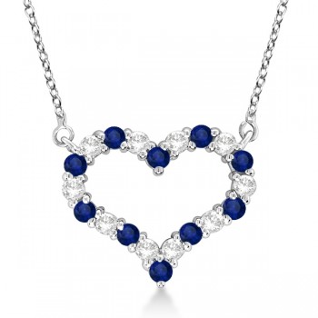 Open Heart Diamond & Sapphire Pendant Necklace 14k White Gold (1.30ct)
