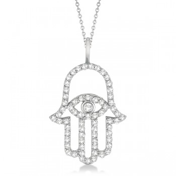 Diamond Hamsa Evil Eye Pendant Necklace 14k White Gold (0.51ct)