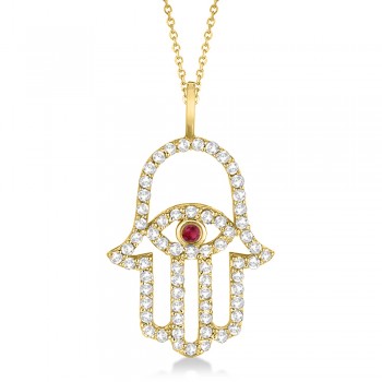 Diamond & Ruby Hamsa Evil Eye Pendant Necklace 14k Yellow Gold (0.51ct)