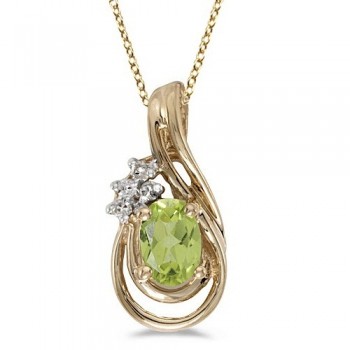 Oval Peridot & Diamond Teardrop Pendant Necklace 14k Yellow Gold