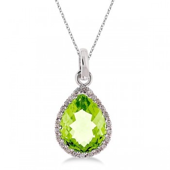 Pear Shaped Peridot and Diamond Pendant Necklace 14k White Gold