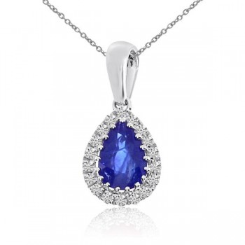 Diamond Teardrop Pear Blue Sapphire Pendant Necklace 14k White Gold (0.57ct)