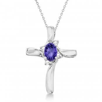Tanzanite & Diamond Cross Necklace Pendant 14k White Gold (0.50ct)