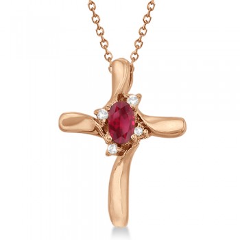 Ruby & Diamond Cross Necklace Pendant 14k Rose Gold (0.50ct)