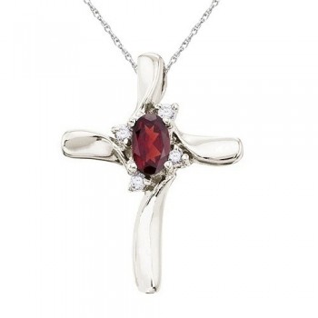 Garnet & Diamond Cross Necklace Pendant 14k White Gold (0.50ct)
