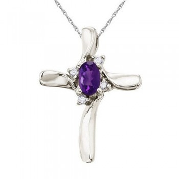 Amethyst & Diamond Cross Necklace Pendant 14k White Gold (0.50ct)
