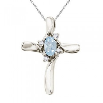 Aquamarine & Diamond Cross Necklace Pendant 14k White Gold (0.50ct)