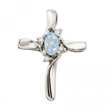 Aquamarine & Diamond Cross Necklace Pendant 14k White Gold (0.50ct)