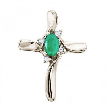 Emerald & Diamond Cross Necklace Pendant 14k White Gold (0.50ct)