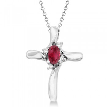Ruby & Diamond Cross Necklace Pendant 14k White Gold (0.50ct)