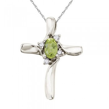 Peridot & Diamond Cross Necklace Pendant 14k White Gold (0.50ct)