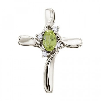 Peridot & Diamond Cross Necklace Pendant 14k White Gold (0.50ct)