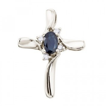 Blue Sapphire & Diamond Cross Necklace Pendant 14k White Gold (0.50ct)