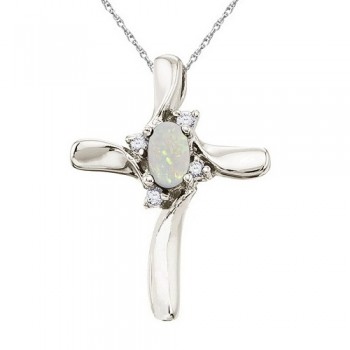 Opal & Diamond Cross Necklace Pendant 14k White Gold (0.50ct)