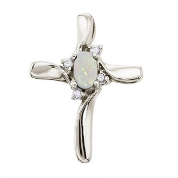 Opal & Diamond Cross Necklace Pendant 14k White Gold (0.50ct)