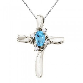 Blue Topaz & Diamond Cross Necklace Pendant 14k White Gold (0.50ct)