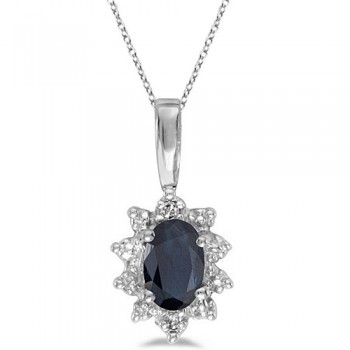 Blue Sapphire & Diamond Flower Shaped Pendant Necklace 14k White Gold