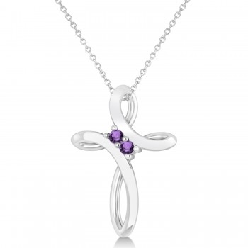 Amethyst Two Stone Swirl Cross Pendant Necklace 14k White Gold (0.10ct)