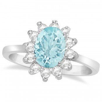 Lady Diana Oval Lab Aquamarine & Lab Grown Diamond Ring 14k White Gold (1.50 ctw)