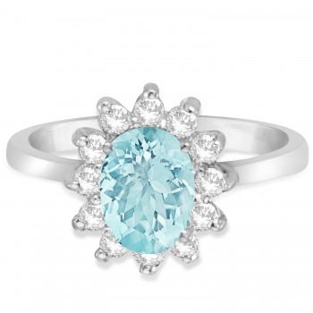 Lady Diana Oval Lab Aquamarine & Lab Grown Diamond Ring 14k White Gold (1.50 ctw)
