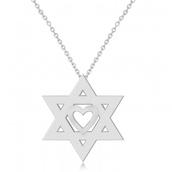 Jewish Star of David & Heart Pendant Necklace 14K White Gold