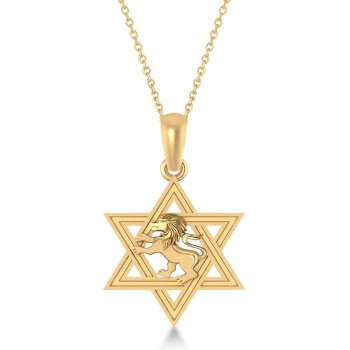 Star of David with Lion Pendant Necklace 14k Yellow Gold