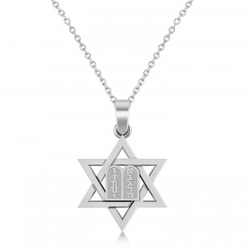 Jewish Star of David with Torah Pendant Necklace 14K White Gold