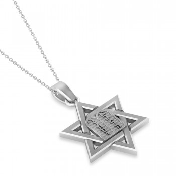 Jewish Star of David with Torah Pendant Necklace 14K White Gold