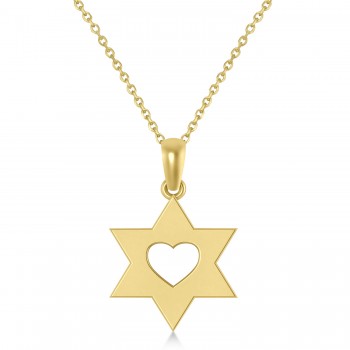 Jewish Star of David & Heart Pendant Necklace 14K Yellow Gold