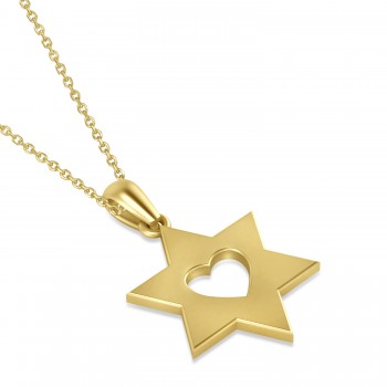 Jewish Star of David & Heart Pendant Necklace 14K Yellow Gold
