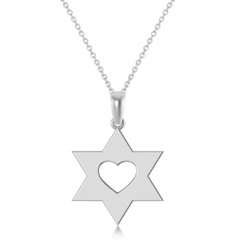 Star of David with Heart Pendant Necklace 14K White Gold