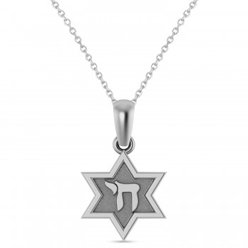 Jewish Star of David with Chai Pendant Necklace 14K White Gold
