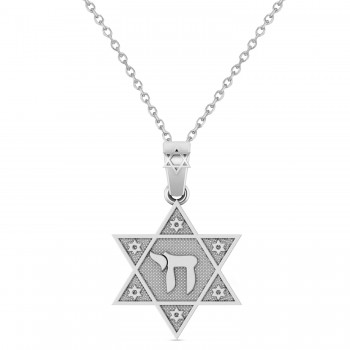 Jewish Star of David with Chai Pendant Necklace 14K White Gold