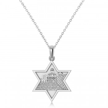 Jerusalem Motif Jewish Star of David Pendant Necklace 14K White Gold