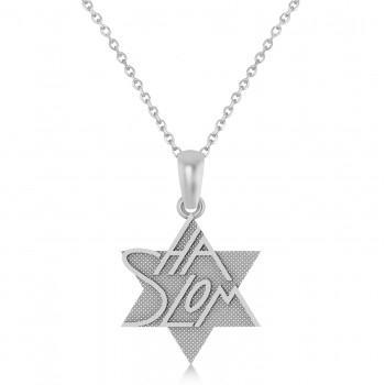Jewish Star of David Shalom Pendant Necklace 14K White Gold