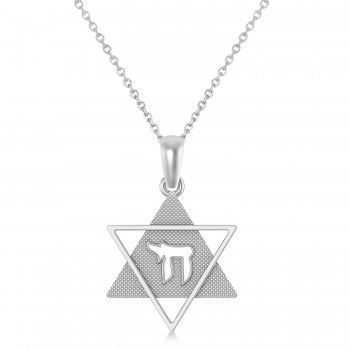 Jewish Star of David with Chai Pendant Necklace 14K White Gold