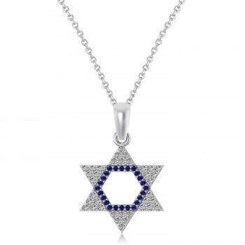 Blue Sapphire & Diamond Jewish Star Of David Pendant Necklace 14K White Gold (0.48ct)