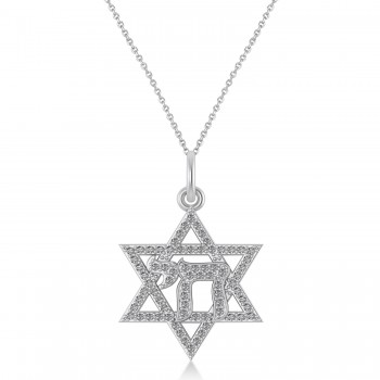 Lab Grown Diamond Jewish Star Of David & Chai Pendant Necklace 14K White Gold (0.37ct)