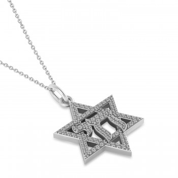 Lab Grown Diamond Jewish Star Of David & Chai Pendant Necklace 14K White Gold (0.37ct)