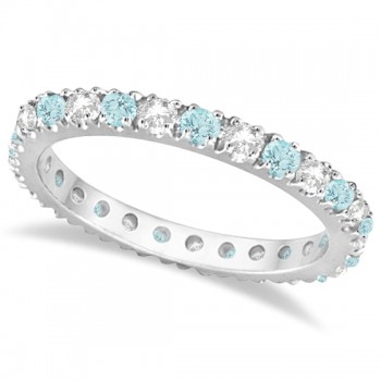 Diamond & Aquamarine Eternity Ring Stack Band 14K White Gold (0.51ct)