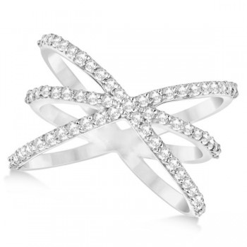 Diamond X Shaped Ring with 3 Orbital Bands 14k White Gold 0.65ct.