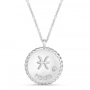 Pisces Zodiac Diamond Medallion Disk Pendant Necklace 14k White Gold