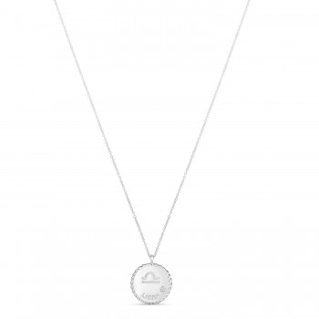 Libra Zodiac Diamond Medallion Disk Pendant Necklace 14k White Gold