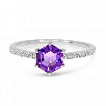 Hexagon Amethyst & Diamond Band Ring 14K White Gold (1.33ct)