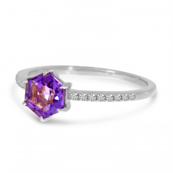 Hexagon Amethyst & Diamond Band Ring 14K White Gold (1.33ct)