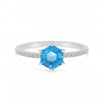 Hexagon Blue Topaz & Diamond Band Ring 14K White Gold (1.33ct)