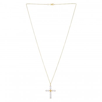 Freshwater Pearl Cross Pendant Necklace 14K Yellow Gold